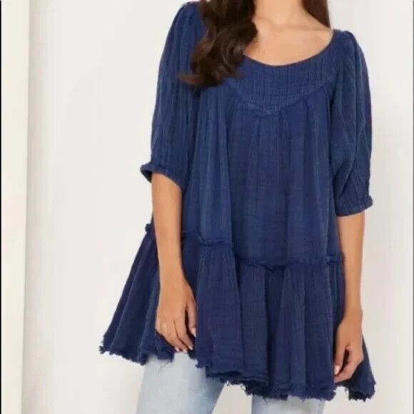Free People Mystery Land Mini Dress Tunic Women’s MEDIUM Blue Fringe Hem Flowy - Picture 1 of 8